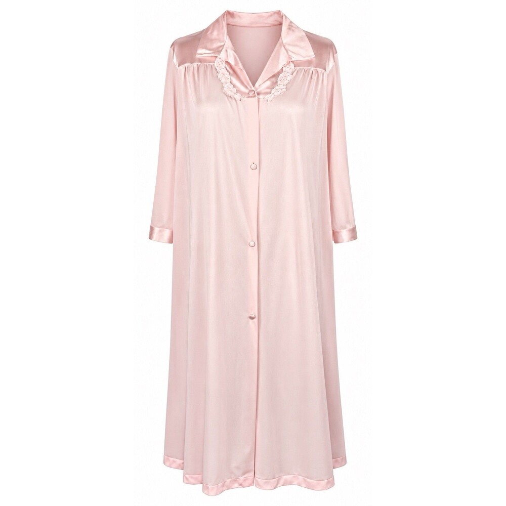 Vanity Fair Robe Womens M Pink Satin Trim Floral Lace Button Front USA Coquette